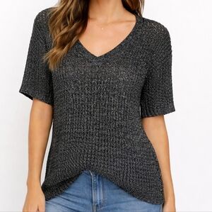 Torrid Black Silver Eyelette Short Sleeve Sweater Metalic Festive Whimsigoth L